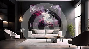 Elegant luxury dark gray living room with purple abstract oil painting