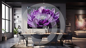 Elegant luxury dark open living and dinning room with purple, black, white abstract oil painting