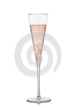 Elegant luxury glass with pink rose champagne with bubbles on white