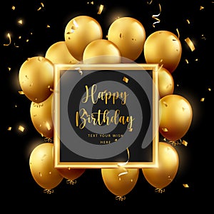 Elegant luxury golden ballon and square frame party propper ribbon Happy Birthday celebration card banner template background