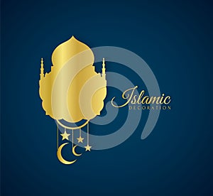 Elegant and luxury golden graphic of Islamic decoration with stars and crescent moon on blue background. Modern Vector mosque