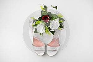 Elegant Luxury Laced Bridal Wedding Shoes And Bouquet With Red R