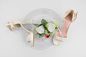 Elegant Luxury Laced Bridal Wedding Shoes And Bouquet With Red R