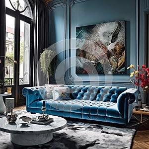 Elegant luxury living room with a blue velvet sofa, round marble table, and contemporary artwork