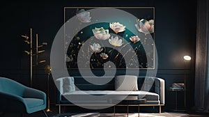 Elegant luxury modern black living room with blue flower oil painting