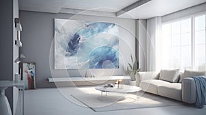 Elegant luxury modern white open living room with blue abstract oil painting