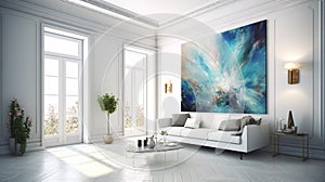 Elegant luxury modern white open living room with blue abstract oil painting