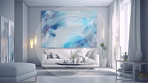 Elegant luxury modern white open living room with blue abstract oil painting