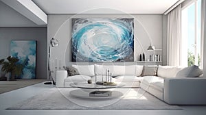 Elegant luxury modern white open living room with blue abstract oil painting