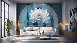 Elegant luxury modern white open living room with blue flower oil painting