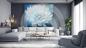 Elegant luxury modern white open living room with blue flower oil painting