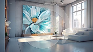 Elegant luxury modern white open living room with blue flower oil painting