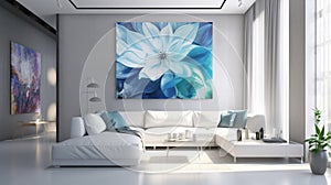 Elegant luxury modern white open living room with blue flower oil painting