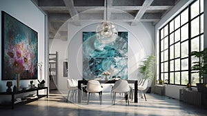 Elegant luxury modern white open loft living room with blue abstract oil painting