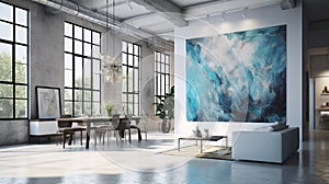 Elegant luxury modern white open loft living room with blue abstract oil painting