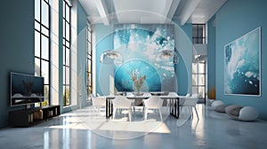 Elegant luxury modern white open loft living room with blue abstract oil painting