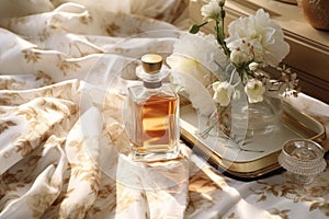 Elegant luxury perfume bottle on opulent fabric, evoking sophistication and refinement