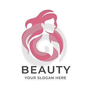 Elegant luxury pink Barbie logo with beautiful face of young adult woman with long hair. Sexy symbol silhouette of head