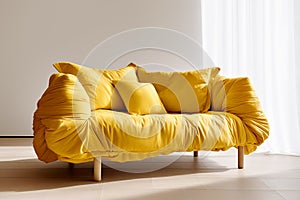 Elegant luxury upholstered yellow loveseat sofa against of window dressed with white curtain. Minimalist interior design of modern