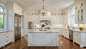 Elegant Luxury White Kitchen Interior With Bright Natural Light And Classic Contemporary Design Elements