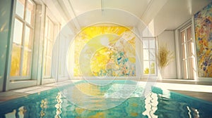 Elegant luxury white swimming pool with abstract oil painting in yellow and white
