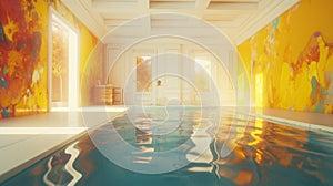 Elegant luxury white swimming pool with abstract oil painting in yellow and white