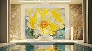 Elegant luxury white swimming pool with lotus oil painting in yellow and white