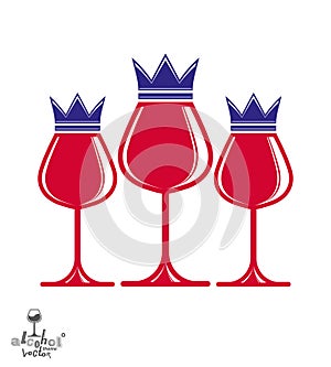 Elegant luxury wineglasses with king crown, graphic artistic vector goblets collection. Three full glasses of red wine vector ill