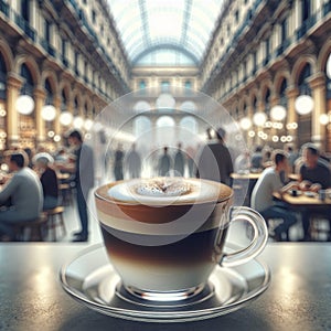 Elegant macchiato with soft, blurred background of a busy cafe, highlighting the tranquility of the coffee.. AI photo