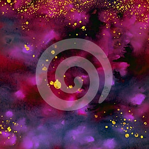 Elegant magenta and gold watercolor paper. Sparkling watercolor paper with gold splats. Usable for backdrops, texture, invitations