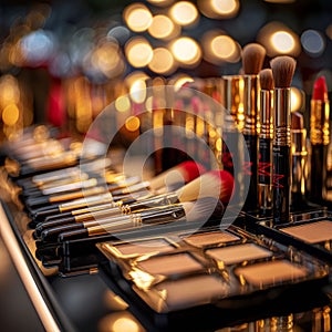 Elegant Makeup Collection Glowing on Reflective Surface