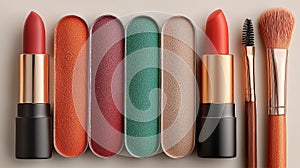 Elegant makeup essentials: Lipstick, eyeshadow and brushesCollection of makeup essentials: lipstick, eyeshadow and brushes, on a
