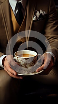 Elegant male hands close up A businessman enjoys his morning coffee with poise