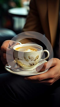 Elegant male hands close up A businessman enjoys his morning coffee with poise