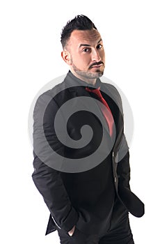 Elegant man with black business suit and red neck-tie