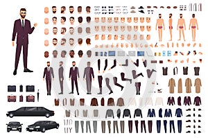 Elegant man dressed in business or smart suit creation set or DIY kit. Collection of body parts, stylish clothes, faces photo