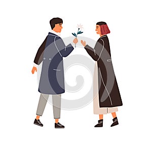 Elegant man giving beautiful flower to happy woman vector flat illustration. Enamored couple feeling love and tenderness