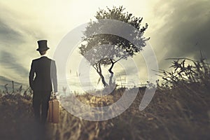 Elegant man with his suitcase traveling in a surreal place