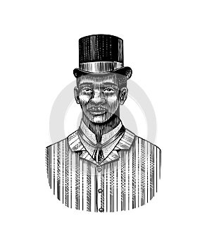 Elegant man. Male face. Afro american gentlemen in cylinder hat. Victorian era. Fashion and clothes. Businessman in suit