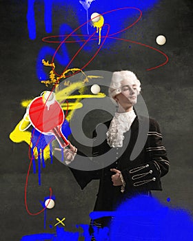 Elegant man, medieval person, composer in suit playing table tennis over dark vintage background with abstract doodles