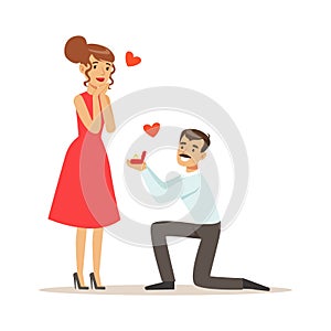 Elegant man proposing marriage to beautiful woman getting up on his knee colorful characters vector Illustration