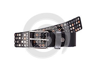 Elegant man`s black leather belt with metal rivets rolled up isolated on white