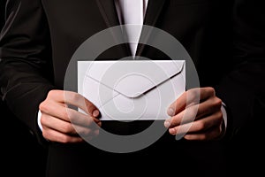 Elegant Man in Suit Offering Envelope, Mysterious Invitation Concept