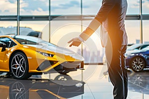 Elegant man in a suit pointing at a yellow luxury sports car in a showroom