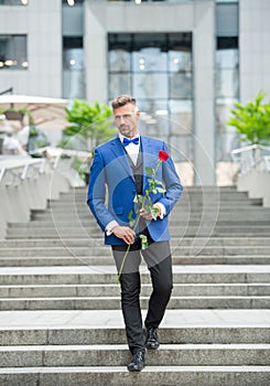 elegant man in tuxedo. man wearing tuxedo bowtie outdoor. grizzle tuxedo man with red rose