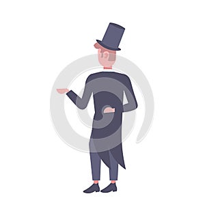 Elegant man wearing suit and tall hat rear view gentleman standing pose male cartoon character full length flat isolated