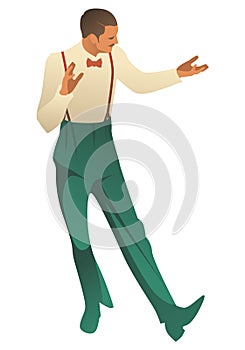 Elegant man wearing vintage style clothes dancing retro dance isolated on white background