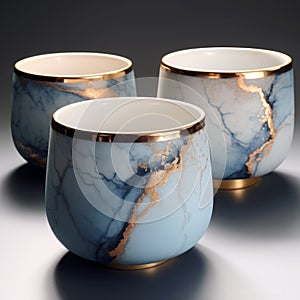 Elegant Marble Cups With Gold Trim And Subtle Blue Design
