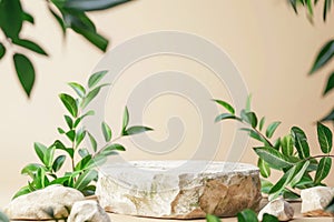 Elegant Marble Pedestal With Vining Plant Casting Shadows on a Neutral Background