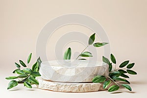 Elegant Marble Pedestal With Vining Plant Casting Shadows on a Neutral Background